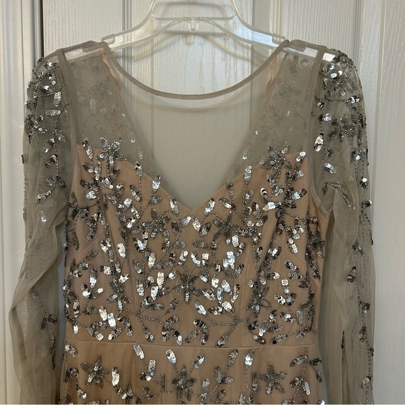 Adrianna Papell Beaded Sheer Long Sleeve V-back Ballgown in Silver/Nude - Picture 5 of 9